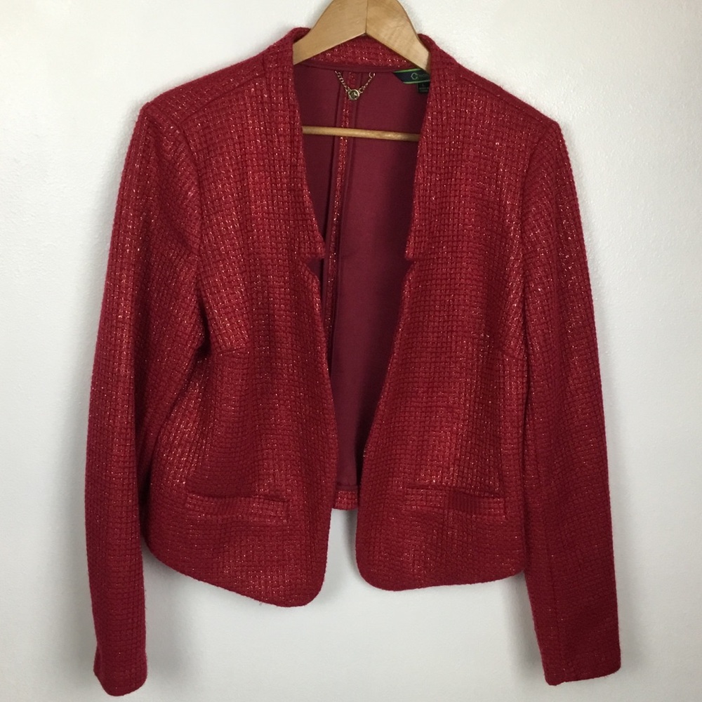 C Wonder Red Metallic Thread Crop Fit Notched Holiday Jacket L
